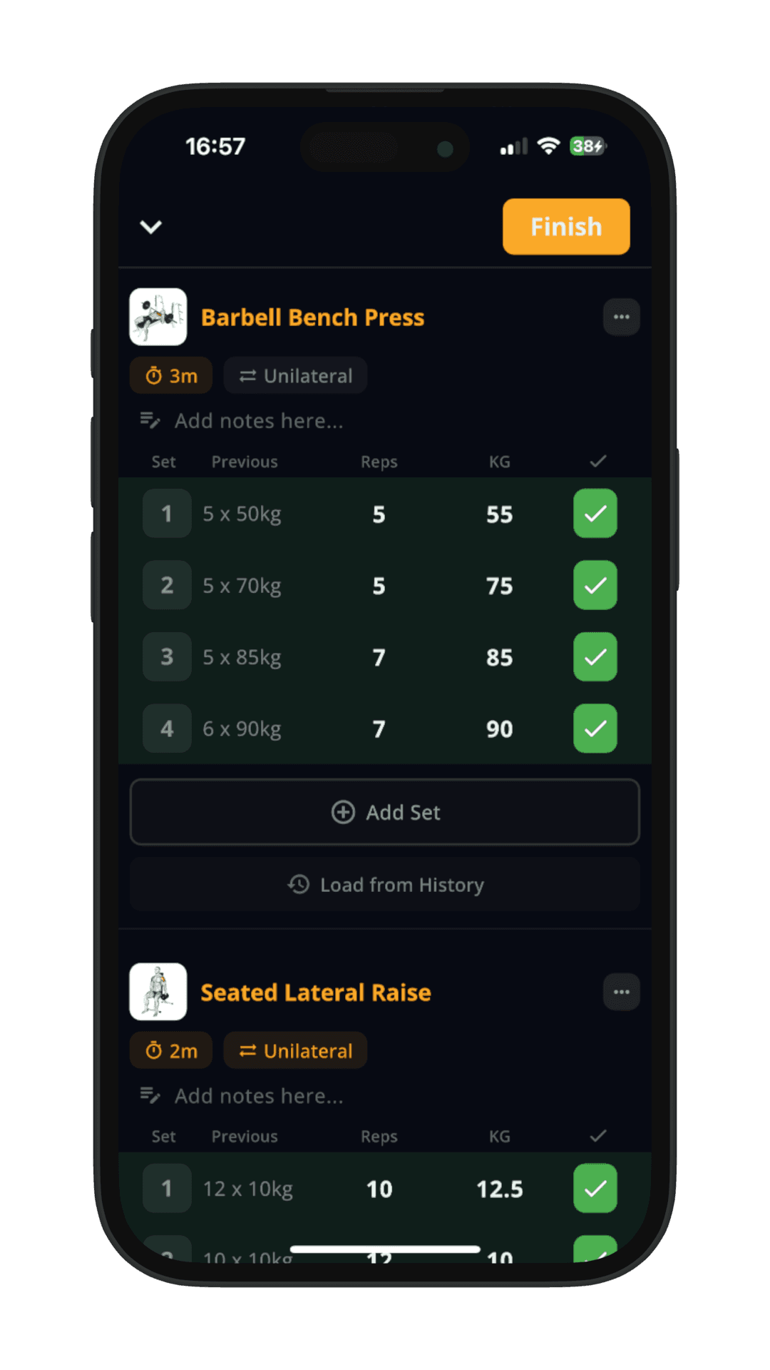 Stronger app workout logging screen showing barbell bench press sets with reps and weight tracking