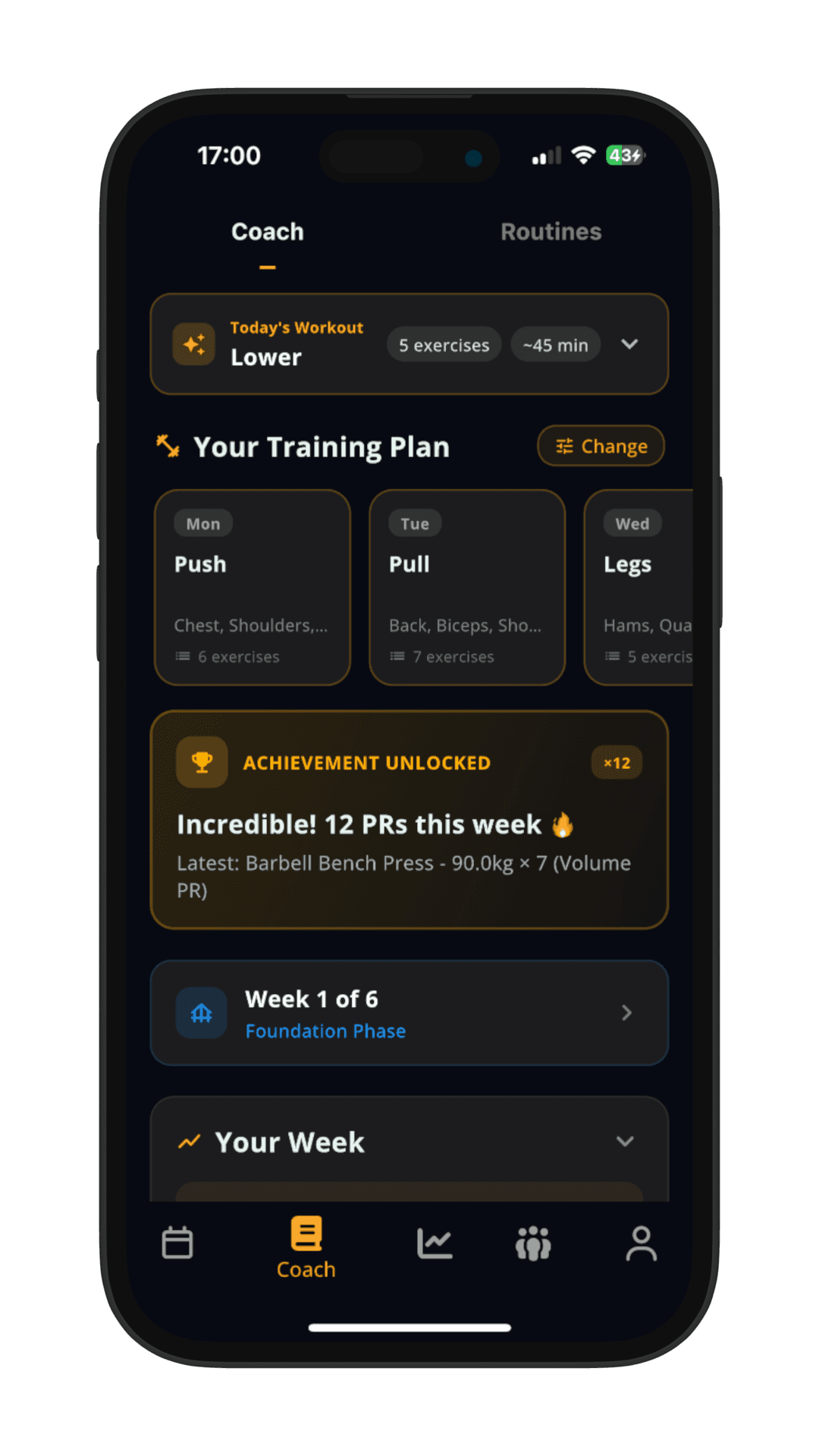 Stronger app coach screen showing personalised training plan with push pull legs split and achievement badges