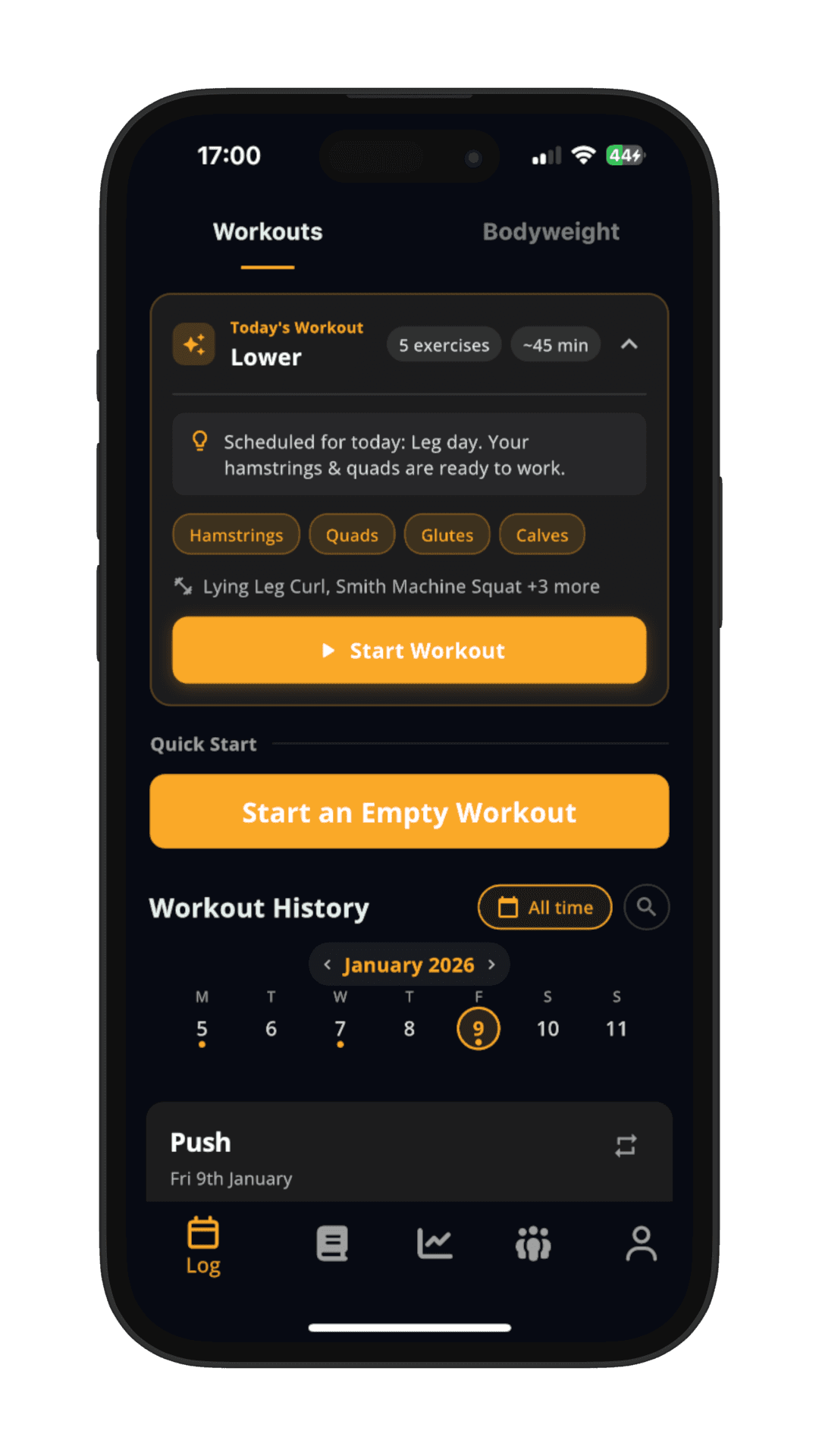 Stronger app home screen showing today's workout with start workout button and workout history calendar