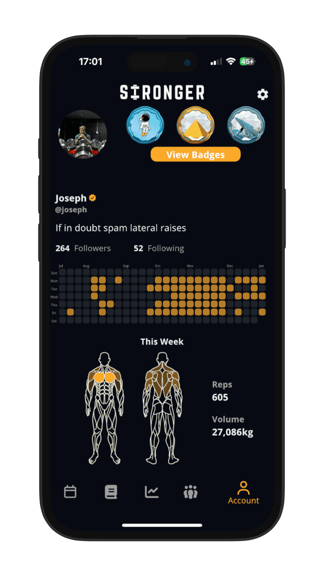 Stronger app profile screen showing workout activity heatmap, weekly reps and volume stats, and muscle map