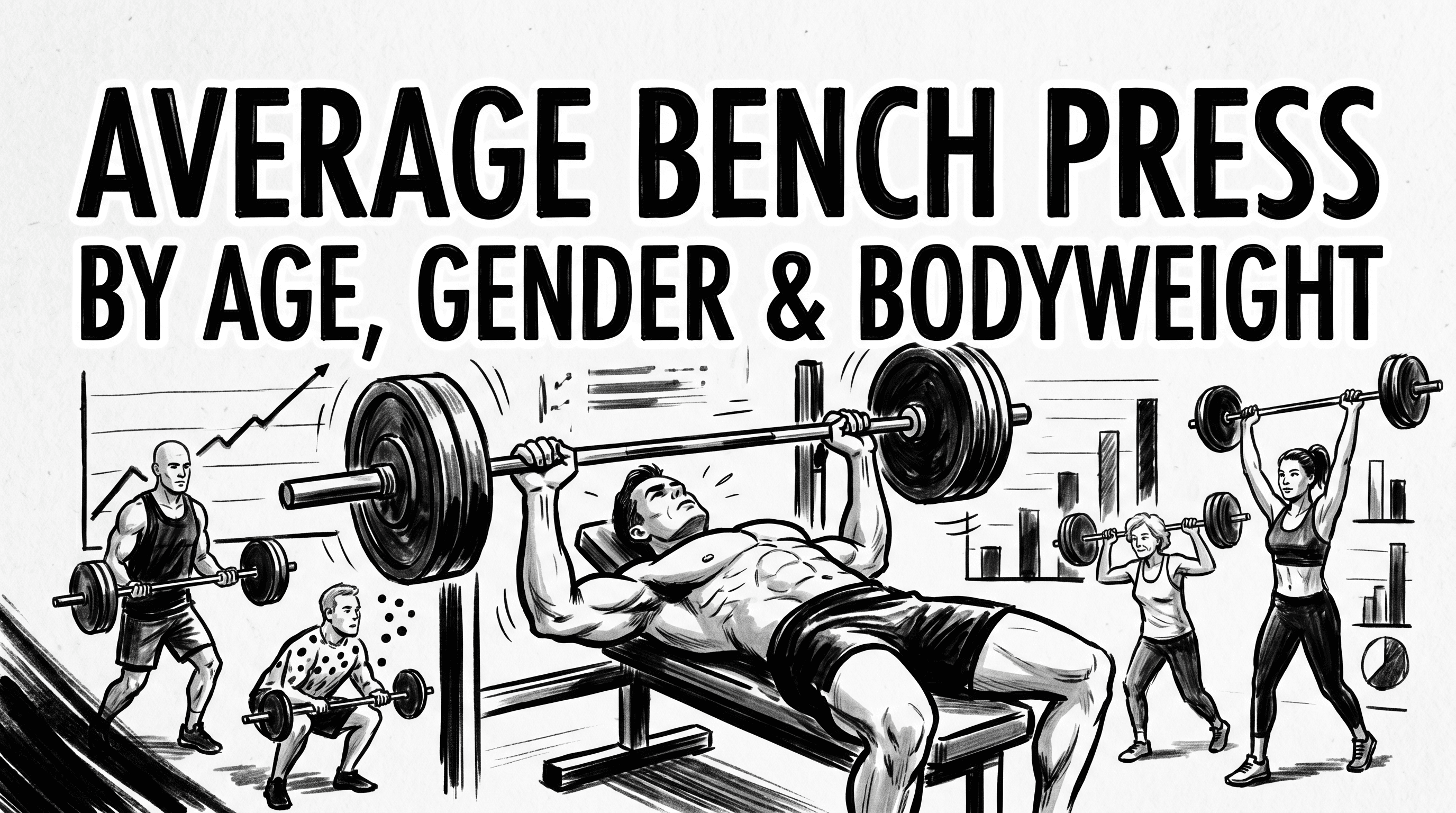 Average bench press benchmark: lifter pressing barbell with strength charts and supporting lifters across ages and genders