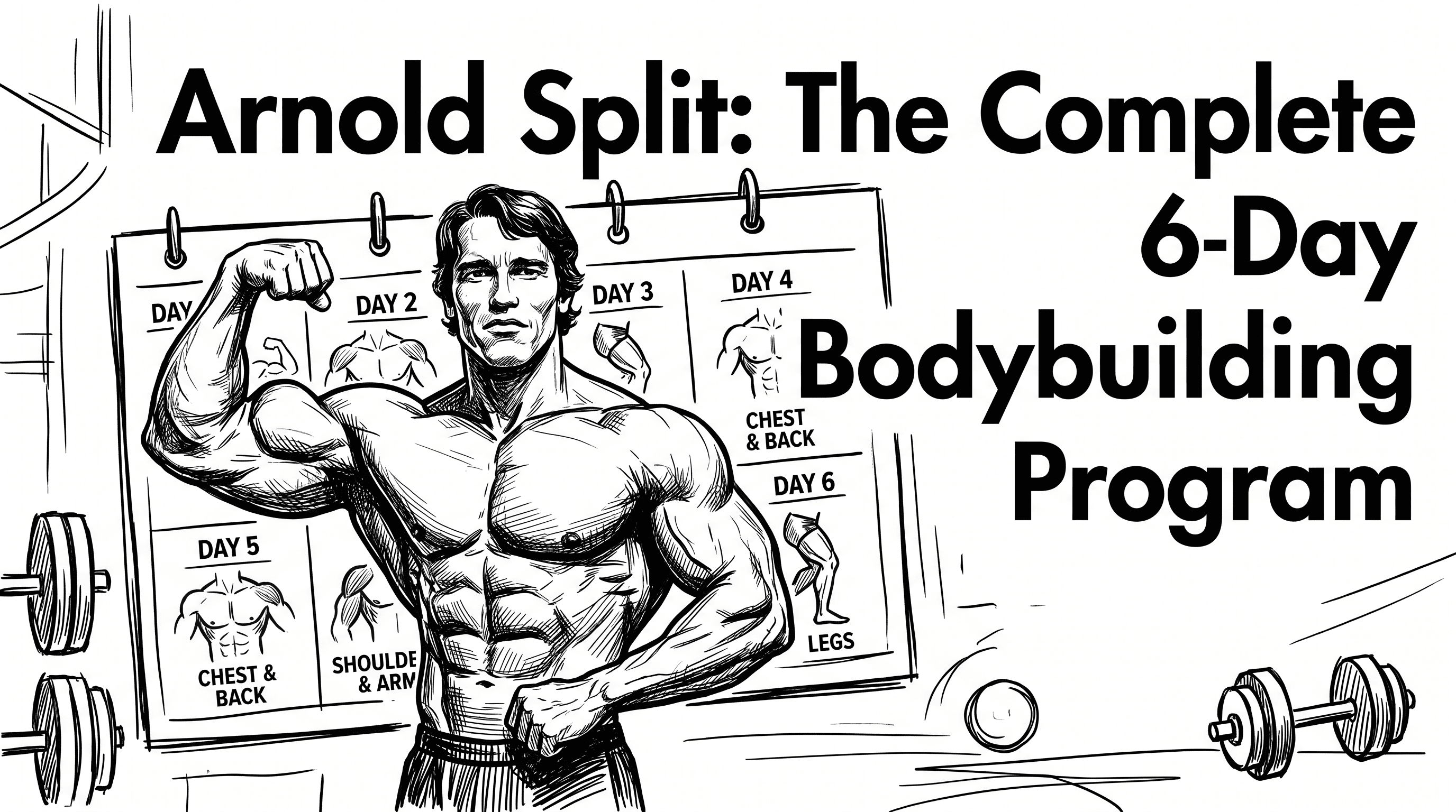 Arnold Split 6-day program: bodybuilder with day-by-day training calendar