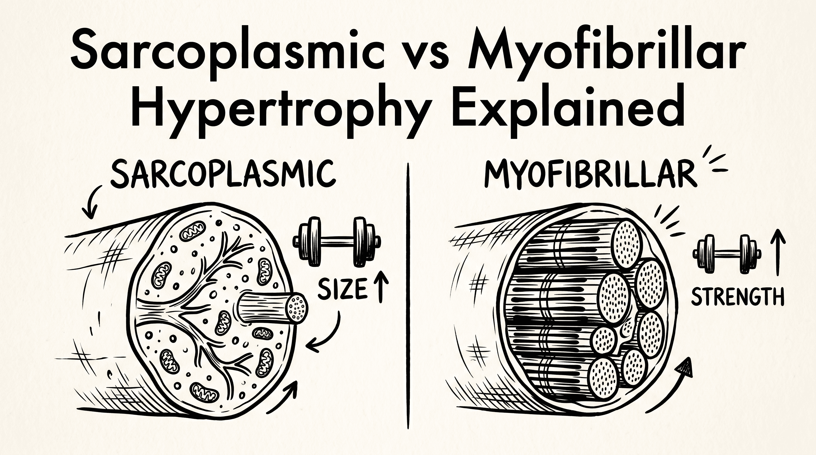 Sarcoplasmic vs myofibrillar hypertrophy: side-by-side muscle fiber cross-sections labeled size up versus strength up
