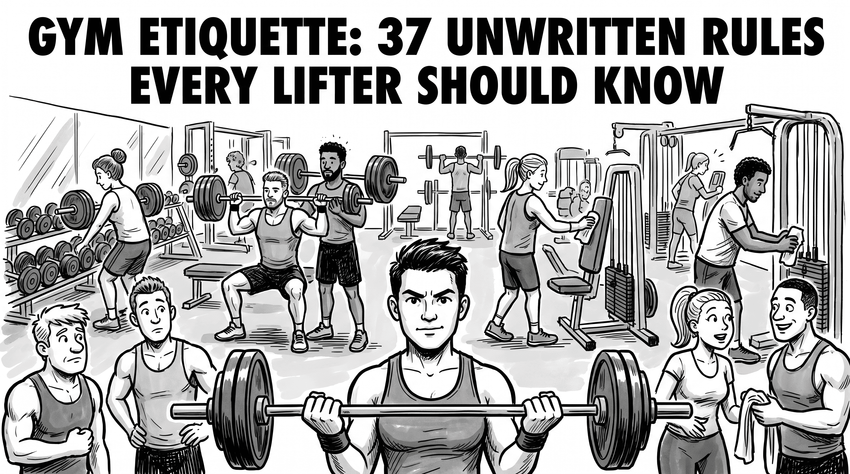 Gym etiquette: busy gym floor with multiple lifters using racks, machines and free weights