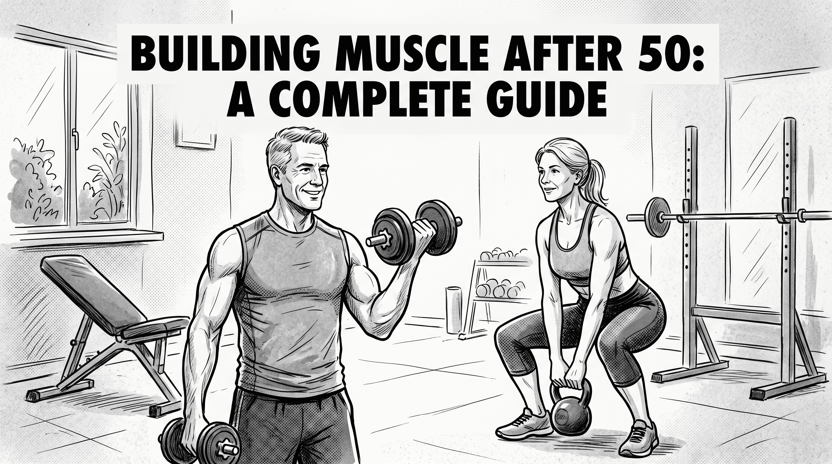 Building muscle after 50: man curling a dumbbell and woman with kettlebell training in a home gym